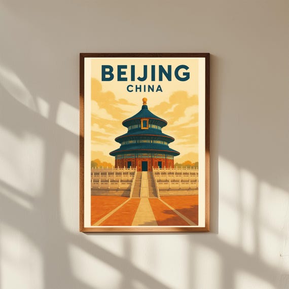 Beijing China Vintage Travel Poster Print – Retro Wall Art of Forbidden City & Great Wall – Chinese Heritage Decor for Home