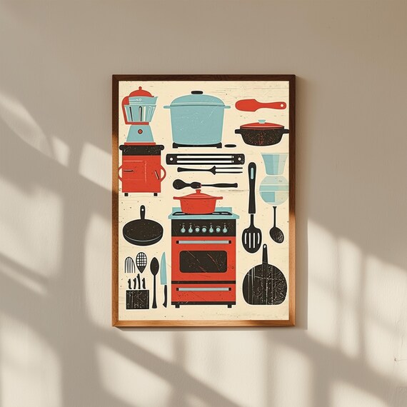 Retro Kitchen Conversions Wall Art – Vintage Cooking Chart Print, 50s Style Kitchen Decor, Baking Measurement Guide, Mid-Century Poster