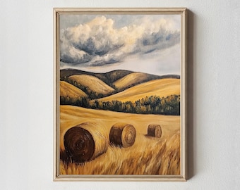 Golden Hay Bales Watercolor Print: Rustic Farmhouse Wall Art