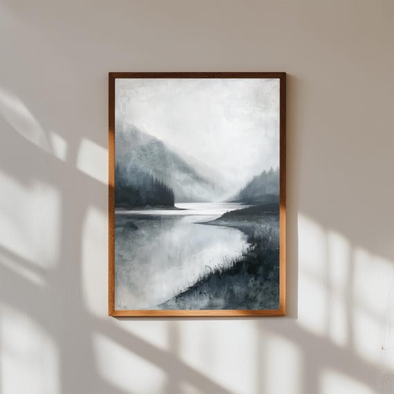 Foggy Beach Morning Wall Art | Coastal Painting in Muted Tones | Minimal Ocean Print | Serene Seascape Decor | Calm Nature Artwork
