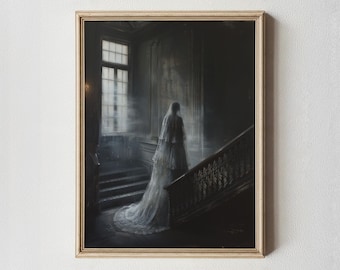 Gothic Oil Painting: Ghostly Woman in Lace Gown - Spooky Vintage Wall Art