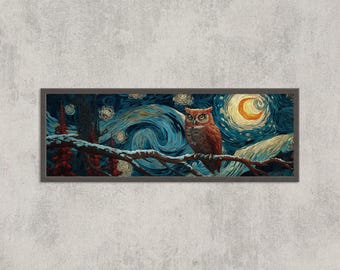 Starry Night Owl Wall Art, Van Gogh Inspired Owl Painting, Nocturnal Bird Print