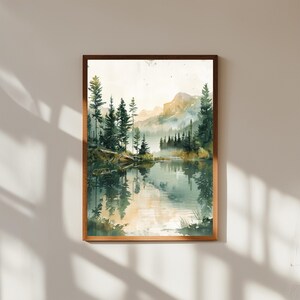 Gemütliche Hütte am ruhigen See - Waldlandschaft Poster Kunst, ruhige Natur Wanddruck, rustikale Hütte am See