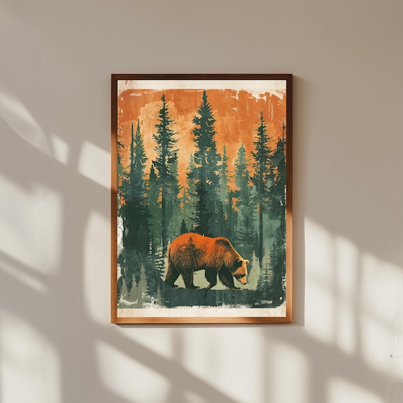 Retro Bear in Pine Forest Wall Art | Vintage Outdoor Wildlife Print | Rustic Cabin Decor | Woodland Adventure Poster | Nature Lover Gift
