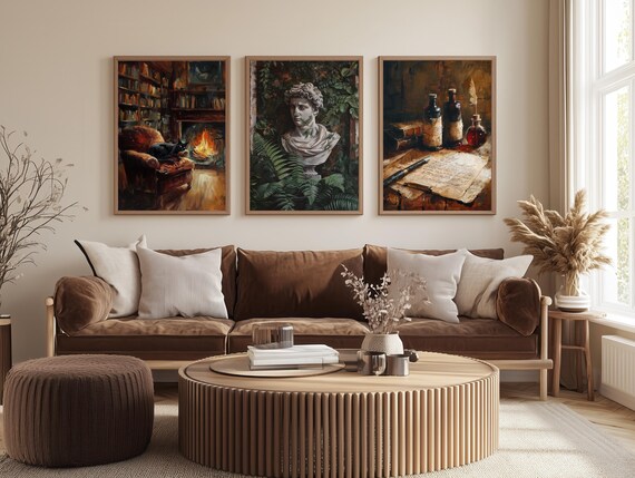 Dark Academia Wall Art Set of 3 – Vintage Library, Greek Statue & Potion Bottles Prints, Gothic Home Decor for Study or Reading Nook