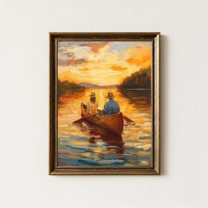 1930er Jahre Kanu Paar Kunstdruck: Vintage See Sonnenuntergang Ölgemälde