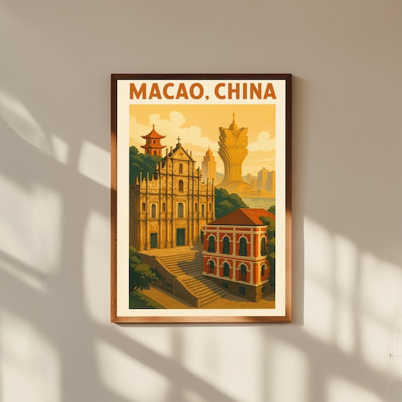 Macau China Vintage Travel Poster Print – Retro Wall Art of Ruins of St. Paul’s & Senado Square – Portuguese-Asian Decor for Home