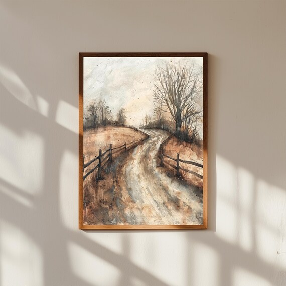 Rustic Country Road Painting – Winding Dirt Path with Trees & Fences – Farmhouse Landscape Wall Art for Home Decor