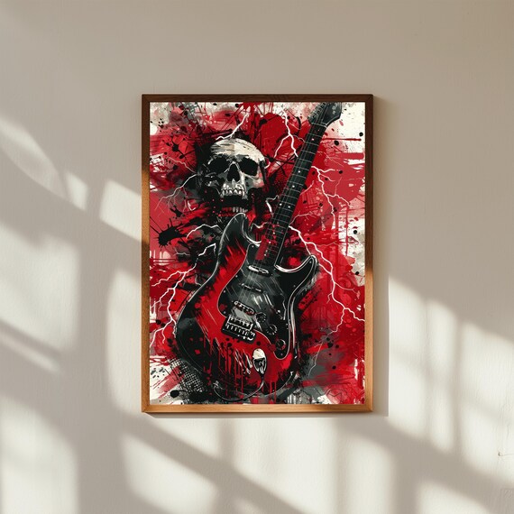 Edgy Skull & Guitar Canvas Wall Art | Rock Music Poster | Gothic Music Decor | Electric Guitar Skull Print | Heavy Metal Wall Art