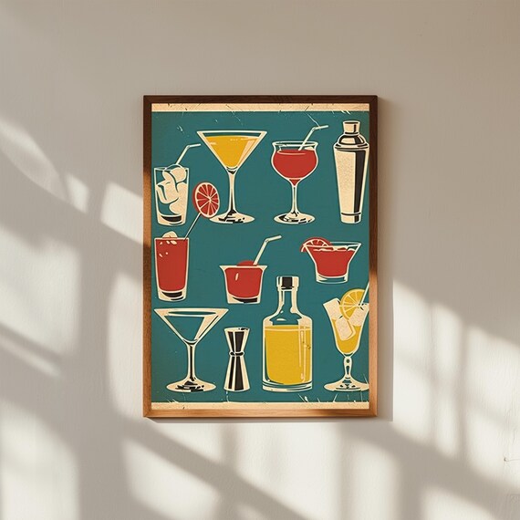 Retro Cocktail Wall Art – Vintage Martini Glasses & Shaker Print, Mid-Century Bar Decor, 50s Lounge Vibe, Classic Home Bar Poster