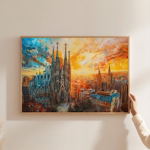 Barcelona Sagrada Família Oil Painting Print, Sunset Cityscape Canvas Wall Art, Framed Spanish Art, Barcelona Home Decor Gift