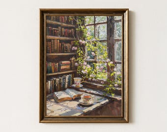Vintage Library Oil Painting Print: Dark Academia Book Room Art