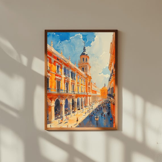 Watercolor Painting of Plaza Mayor Madrid | Historic Spanish Square Wall Art Print | European Architecture Travel Poster