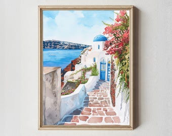 Impresión en acuarela de Santorini, Grecia: Arte costero de la cúpula azul de Oia