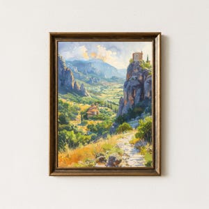 Meteora Griechenland Aquarell Malerei: Kliff-Top Kloster Goldene Stunde Art
