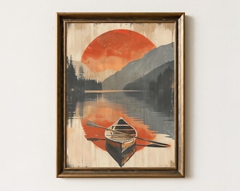 Retro Canoe Lake Print: Vintage Mountain Scene Cabin Decor