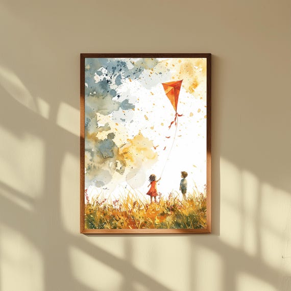 Whimsical Watercolor Kite Flying Art – Children in Open Field Illustration, Nursery Wall Art, Childhood Memory Print, Playful Pastel Decor