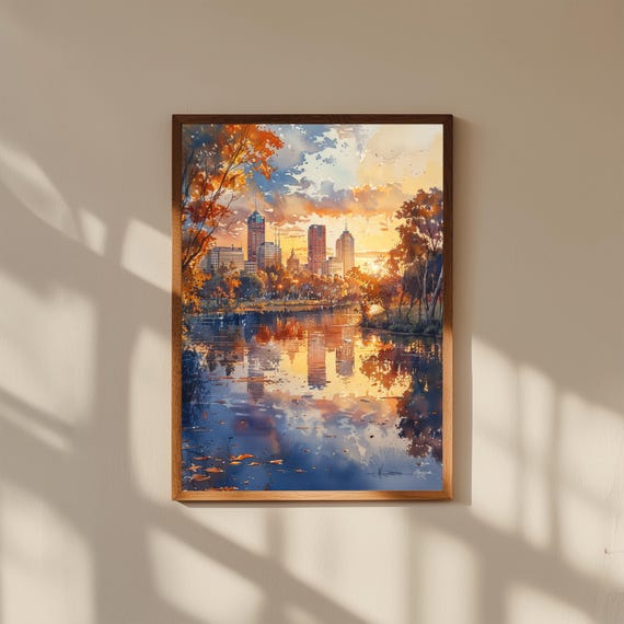 Adelaide City Watercolor Print | Vibrant Australia Skyline Wall Art | Modern Travel Fine Art Decor, Museum Quality Framed Prints