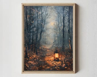 Misty Forest Lantern Oil Painting Print: Moody Woodland Wall Art