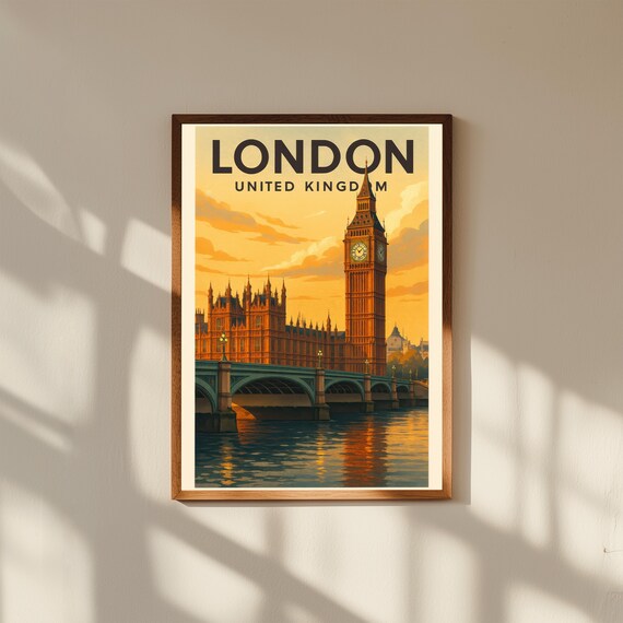 London England Vintage Travel Poster – Big Ben & Tower Bridge Wall Art – Retro UK City Print for Home or Office