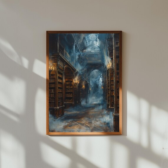 Haunted Library with Floating Books – Gothic Oil Painting Print, Dark Academia Wall Art, Paranormal Vintage Decor, Moody Bookish Poster