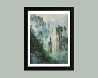 Zhangjiajie Misty Pillars Oil Painting – Mystical Mountain Landscape Print – Morning Fog Nature Wall Art – Ethereal China Poster