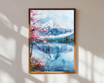 Mount Fuji Watercolor Print: Japanese Cherry Blossom Landscape