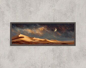 Golden Desert Dunes Print: Crescent Moon, Starry Night Sky Art