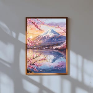 Fuji Berg bei Sonnenaufgang Ölgemälde – Kirschblüten Landschaft Druck – Japanisches Fine Art Poster – Majestätischer Berg Wanddekoration