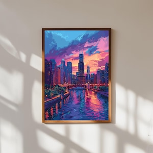 Chicago Skyline Wall Art, Cityscape Poster Print, Sunset River Urban Decor, Travel City Wall Art, Modern Apartment Artwork