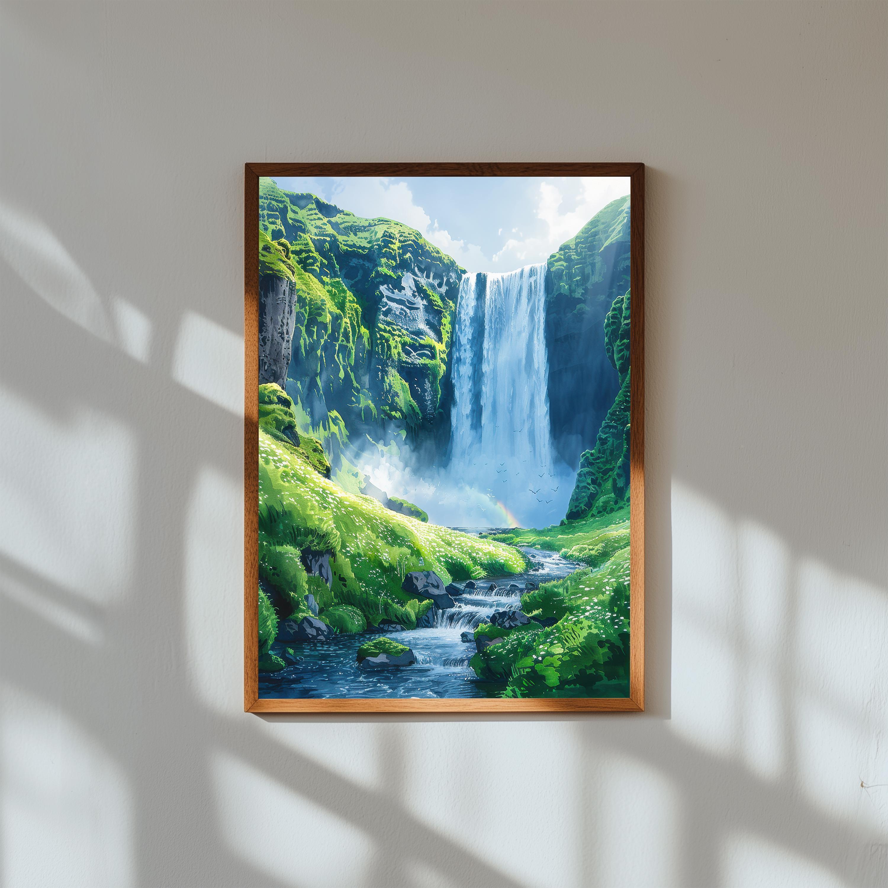 Skógafoss Waterfall Watercolor Print: Iceland Nordic Landscape Wall Art