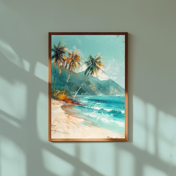 Swaying Palm Trees Coastal Wall Art | Ocean Shore Beach Painting | Tropical Breeze Print | Beach House Decor | Serene Island Artwork
