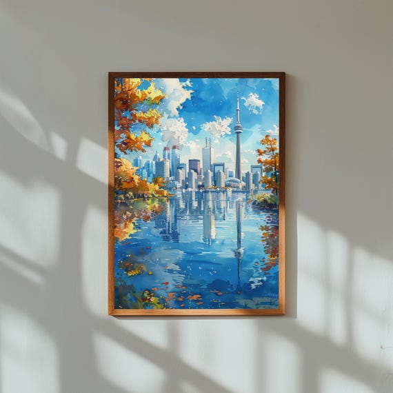 Watercolor Painting of CN Tower & Toronto Skyline | Canadian Cityscape Wall Art Print | Modern Urban Travel Poster