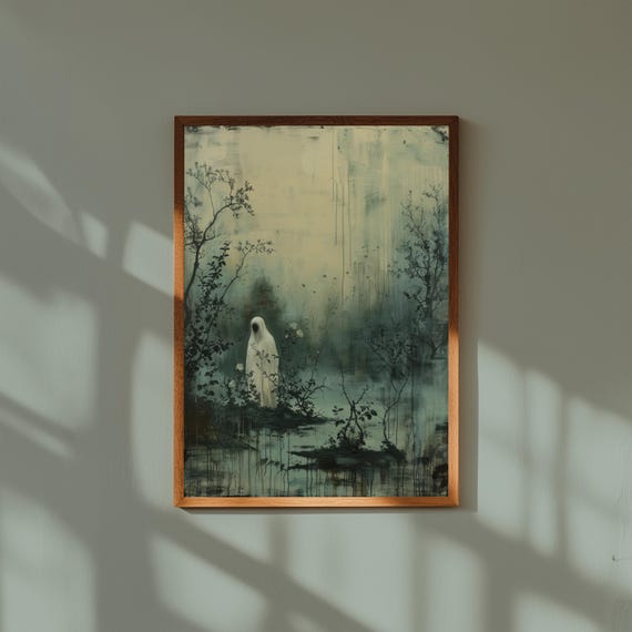 Ghost in Overgrown Garden at Twilight – Vintage Oil Painting Print, Gothic Garden Wall Art, Haunted Nature Decor, Ethereal Twilight Poster