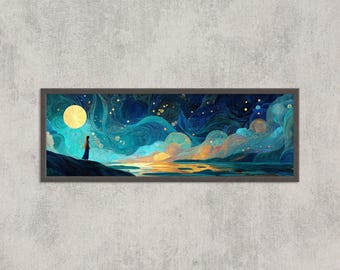 Fantasy Moonlit River Wall Art, Celestial Night Sky & Goddess Silhouette Print