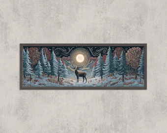 Majestic Deer Moonlit Winter Forest Print: Fantasy Woodland Wall Art