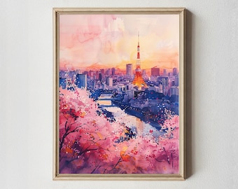 Tokyo Tower Watercolor Print: Japan Cherry Blossom Skyline