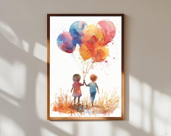 Lámina artística infantil en acuarela con motivos de fantasía: globos, decoración de pared para la habitación del bebé.