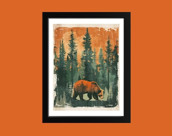 Retro Bear in Pine Forest Print: Vintage Cabin Wall Art