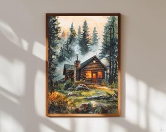 Forest Log Cabin Watercolor Print: Rustic Cottagecore Wall Art - Etsy