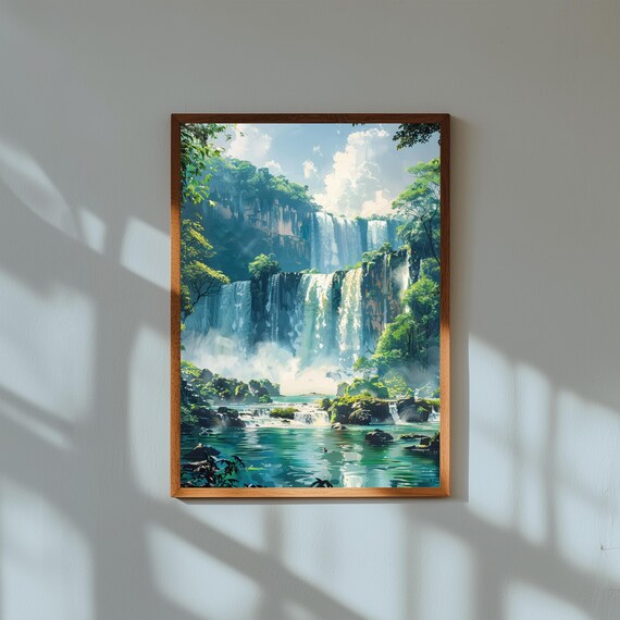 Watercolor Painting of Iguazu Falls | Lush Rainforest Waterfall Wall Art Print | South America Nature Landscape Poster