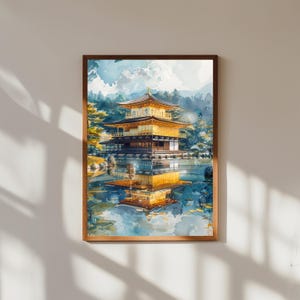 Pintura en acuarela del Pabellón Dorado de Kioto / Impresión artística mural del templo Kinkaku-ji / Póster de viaje con paisaje zen japonés