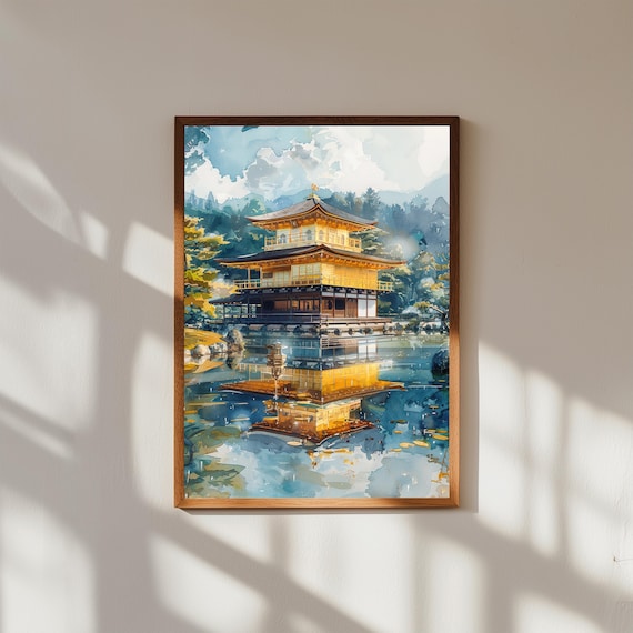 Watercolor Painting of the Golden Pavilion Kyoto | Kinkaku-ji Temple Wall Art Print | Japanese Zen Landscape Travel Poster