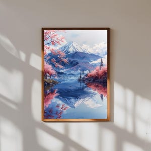 Pintura en acuarela del monte Fuji (Japón) / Impresión artística mural de un pico nevado / Póster de viaje con paisaje japonés