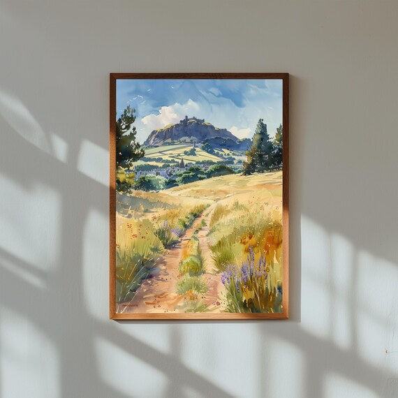 Arthur’s Seat Watercolor Print – Lush Green Hill Art, Edinburgh Landscape Painting, Scottish Nature Decor, UK Travel Wall Poster