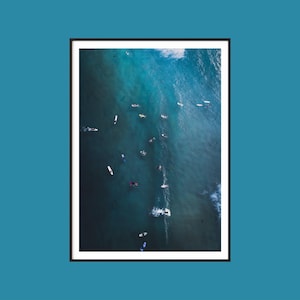 Surfers in Ocean Lineup Aerial Photography Print | Coastal Wall Art | Surfing Beach House Decor | Modern Ocean Photography