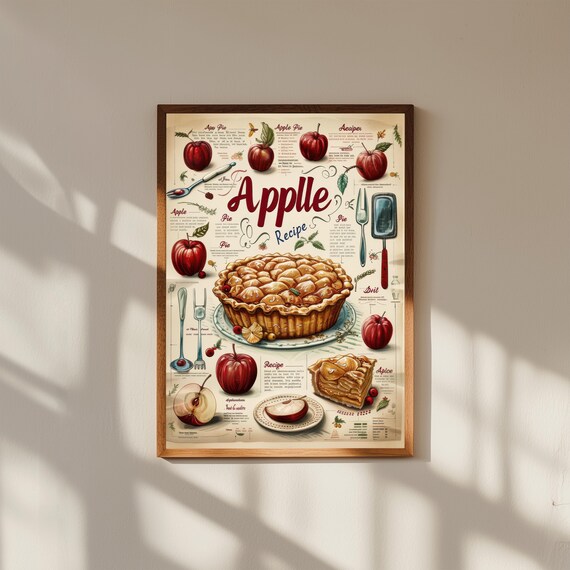 Retro Recipe Wall Art – Vintage Kitchen Print with Classic Dish Instructions, 50s Style Cooking Poster, Mid-Century Food Decor