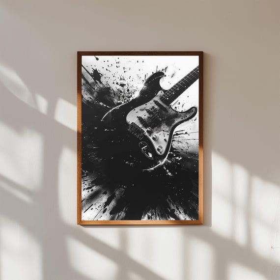 Artistic Electric Guitar Canvas Wall Art | Music Lover Gift | Guitar Silhouette Print | Rock and Roll Home Decor | Music Room Art Print