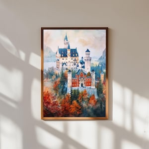 Neuschwanstein Castle Watercolor Wall Art Print, Germany Landscape Painting, Bavarian Fortress Poster, European Travel Artwork