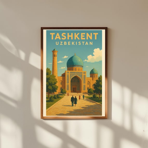 Tashkent Uzbekistan Vintage Travel Poster Print – Retro Wall Art of Amir Timur Square & Islamic Architecture – Central Asia Decor